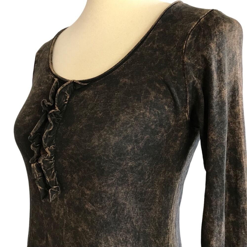 T Party Brown Stone Wash Burnout Long Sleeve Scoop Neck Fitted Tee-Shirt Small - Picture 11 of 13